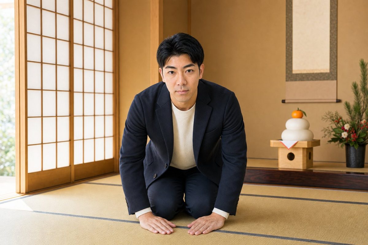 和室で新年の挨拶をする男性