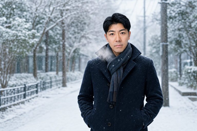 雪の中で白い息を吐く男性