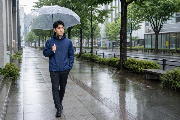 梅雨の雨の中を傘をさして歩く男性