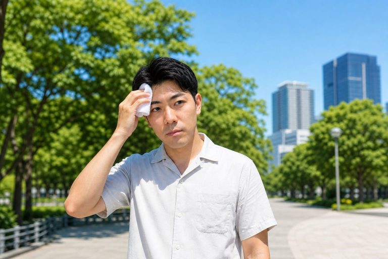 猛暑で汗を拭う男性