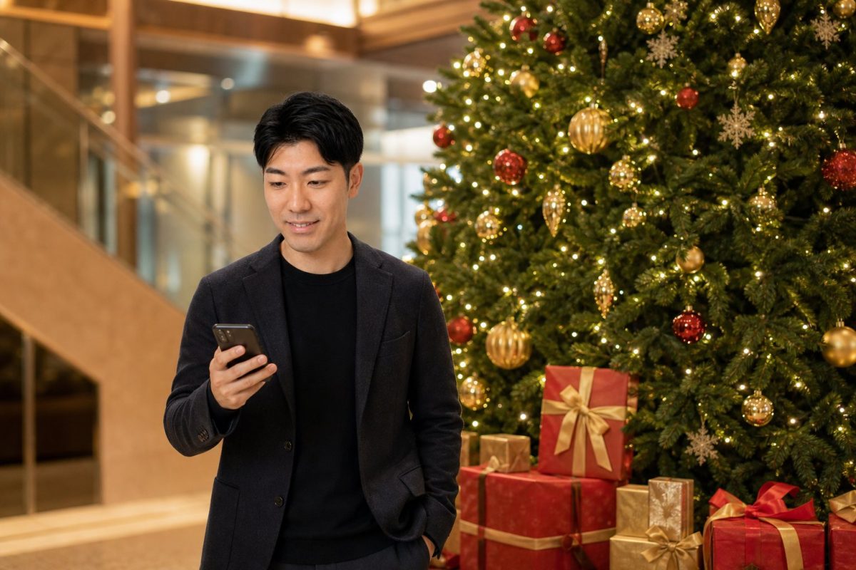 クリスマスツリーをスマホで撮る男性
