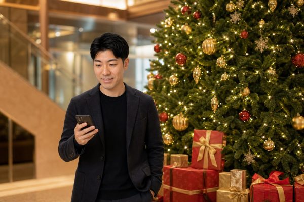 クリスマスツリーをスマホで撮る男性