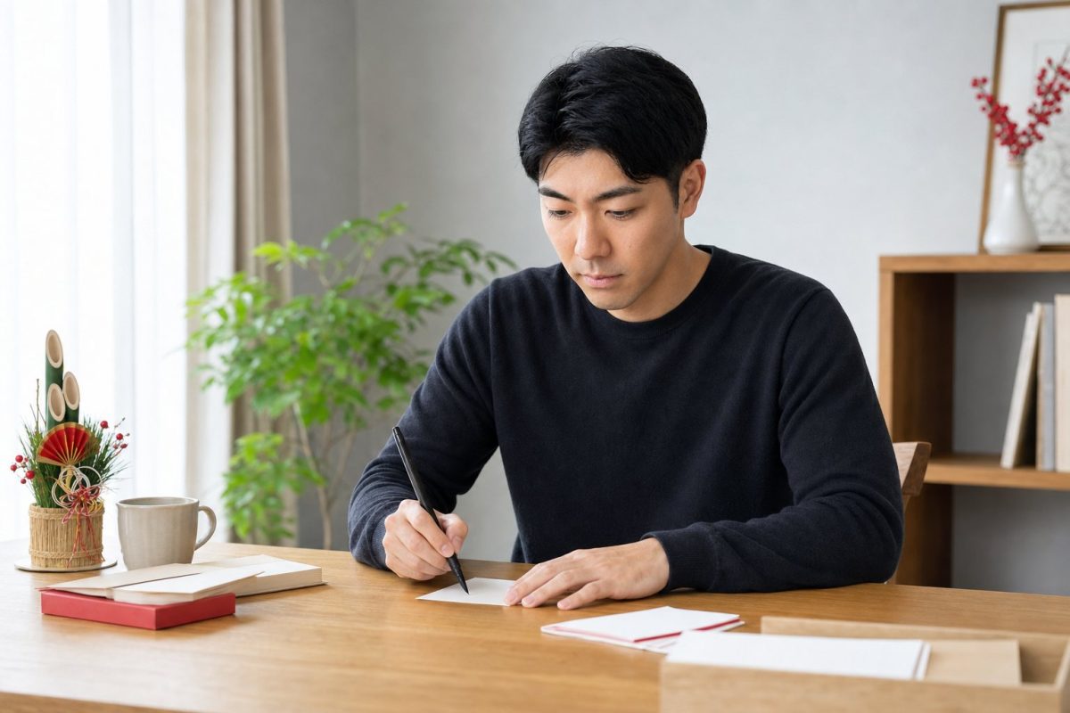 年賀状を書く男性