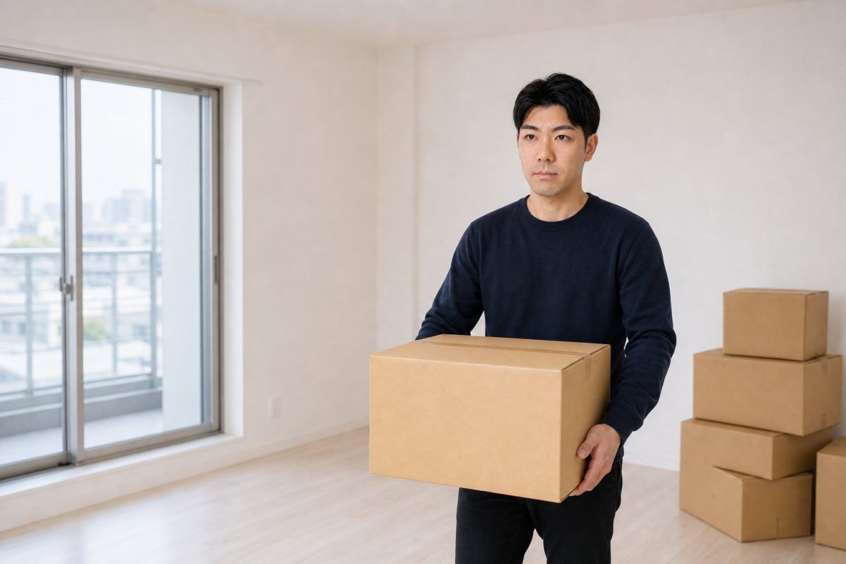 引っ越しの段ボールを運ぶ男性