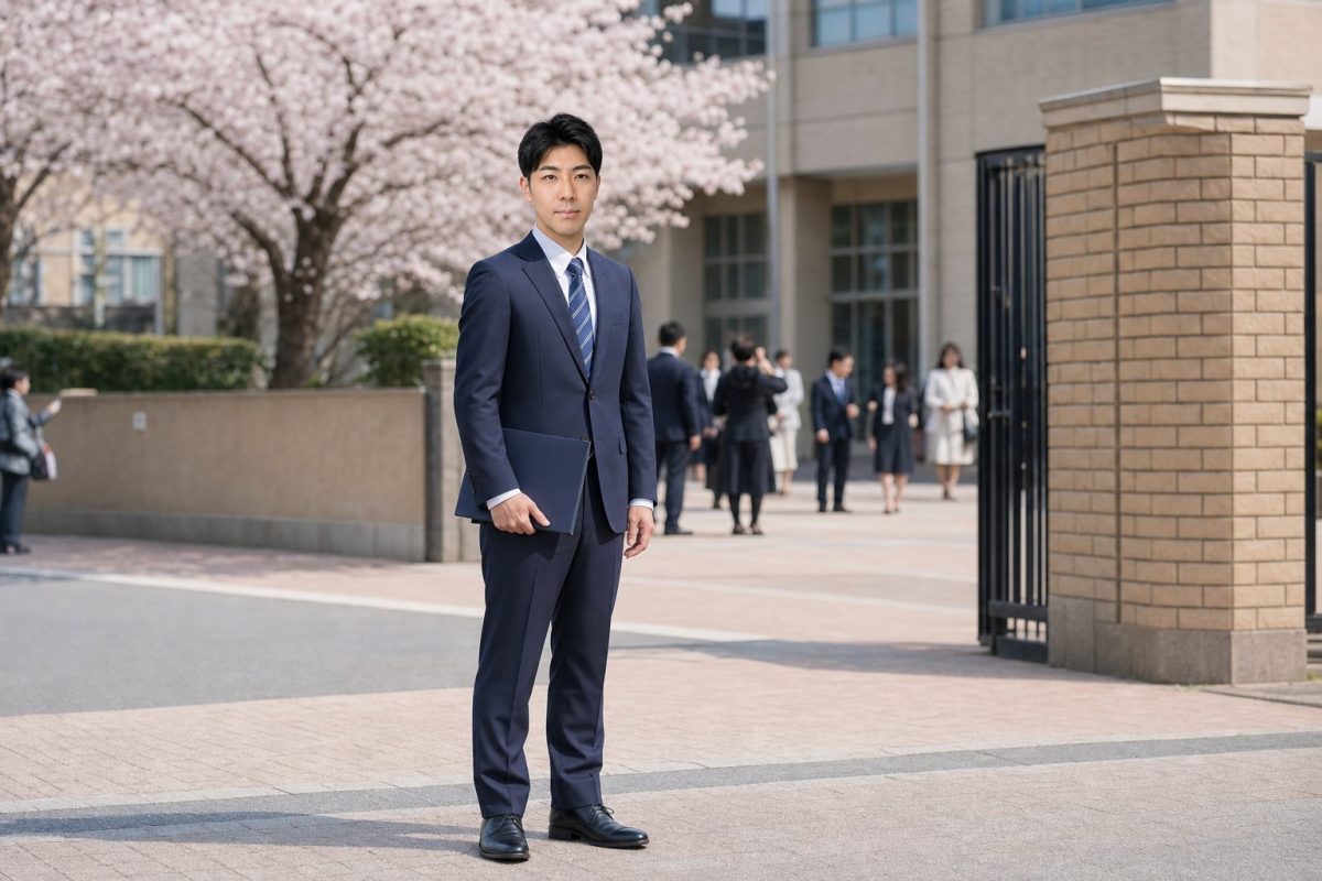 春の入学式にスーツで出席する男性