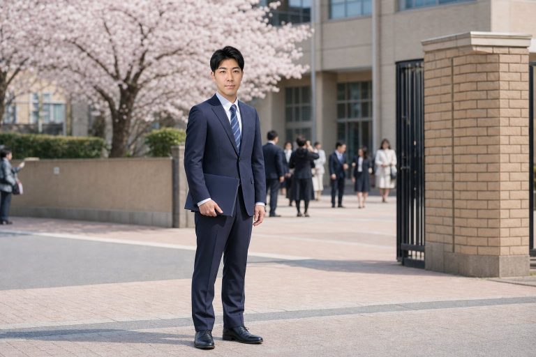 春の入学式にスーツで出席する男性