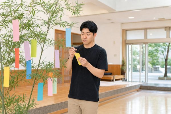 七夕の短冊に願いを書く男性