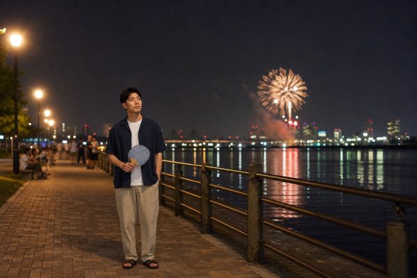 河川敷で夏の花火を眺める男性
