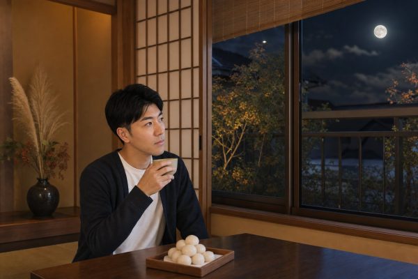 和室で月見を楽しむ男性