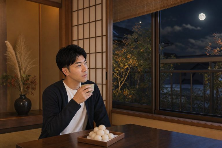 和室で月見を楽しむ男性