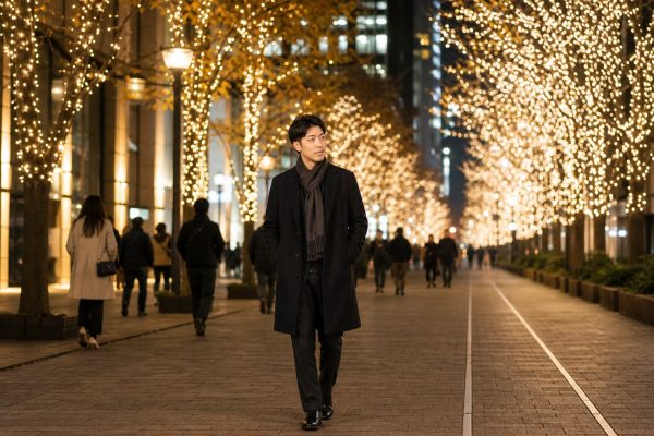 冬のイルミネーションを歩く男性