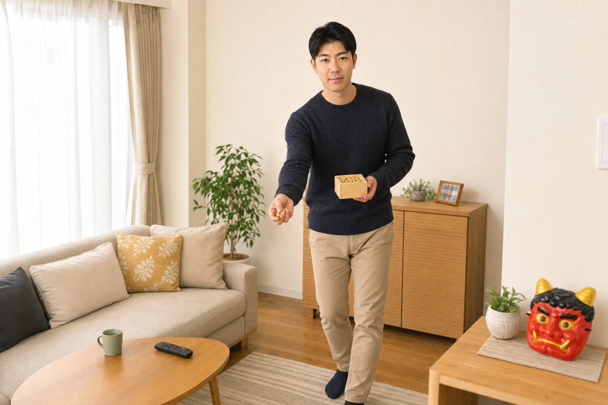 節分の豆まきをする男性