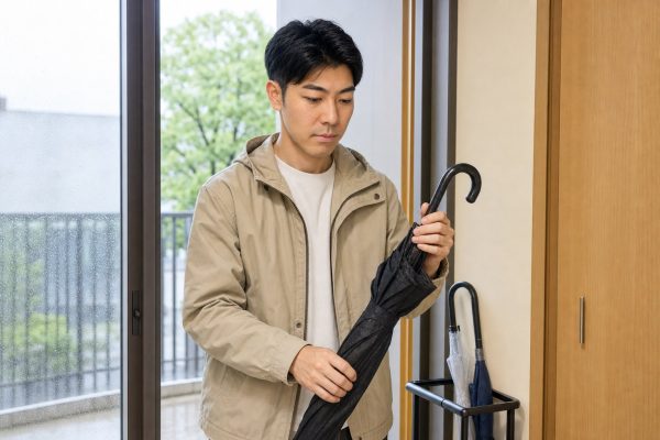 梅雨の日に玄関で傘を用意する男性