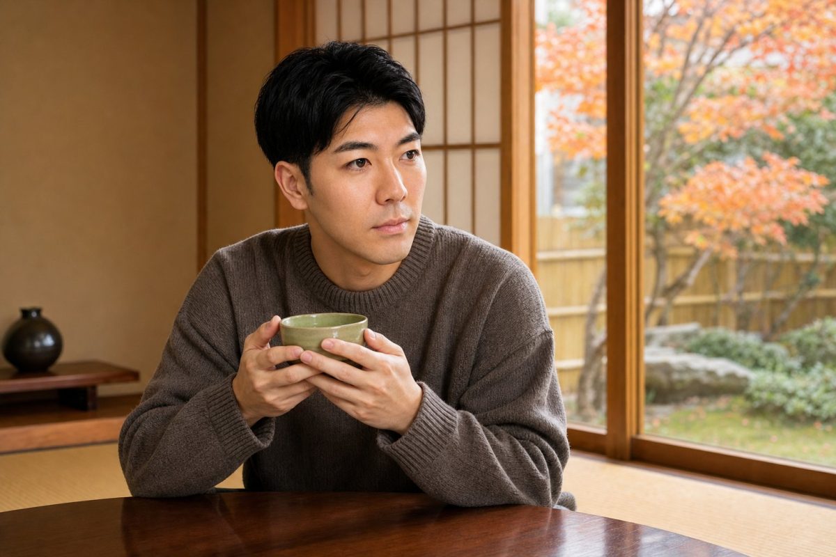 秋の和室で緑茶を味わう男性