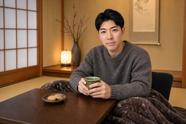 こたつでお茶を飲んで温まる男性