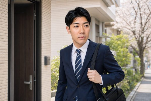 新生活の朝にスーツで出社する男性