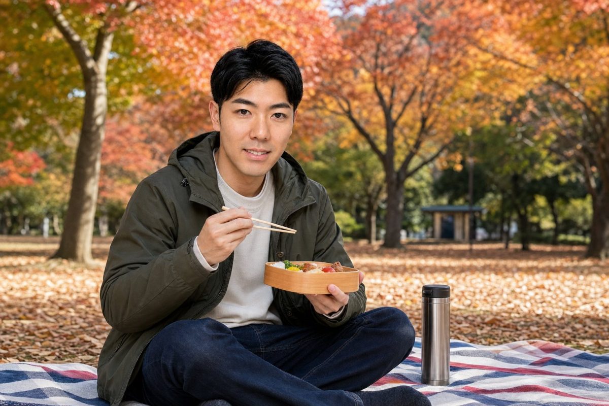 秋の公園でお弁当を広げる男性