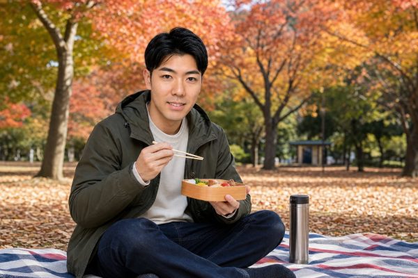 秋の公園でお弁当を広げる男性