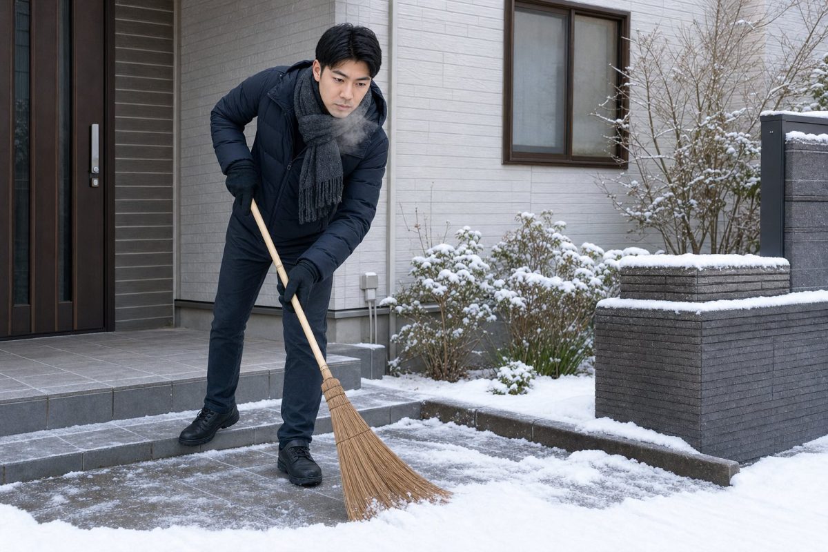 玄関先の雪かきをする男性
