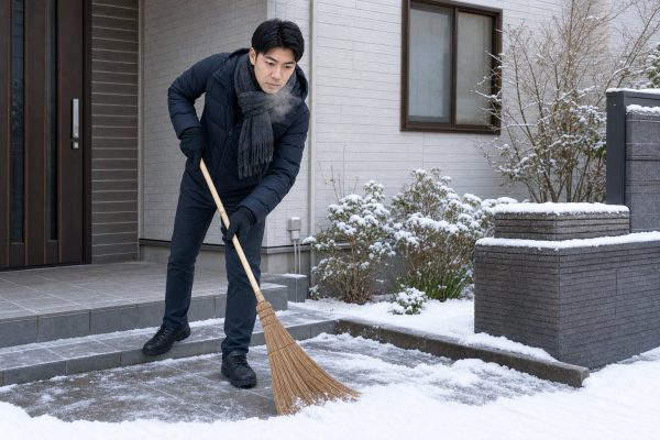 玄関先の雪かきをする男性