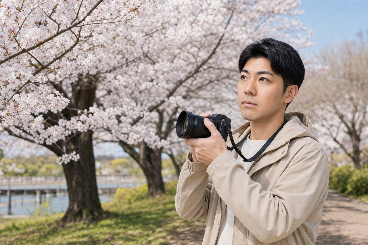 春の桜を撮影する男性