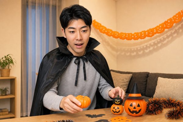 ハロウィンの部屋を飾り付ける男性