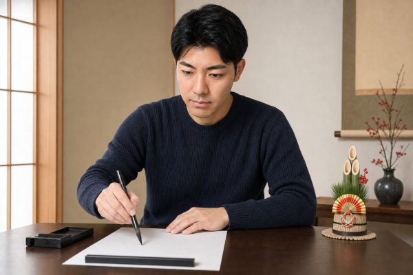 書き初めをする男性