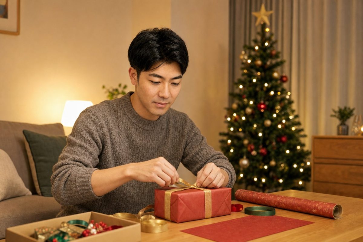 クリスマスプレゼントをラッピングする男性