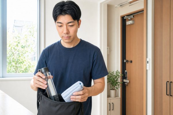 夏の外出前に水分補給の準備をする男性