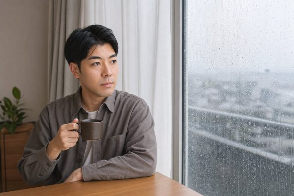 雨の日に窓際でコーヒーを飲む男性