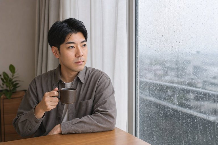 雨の日に窓際でコーヒーを飲む男性