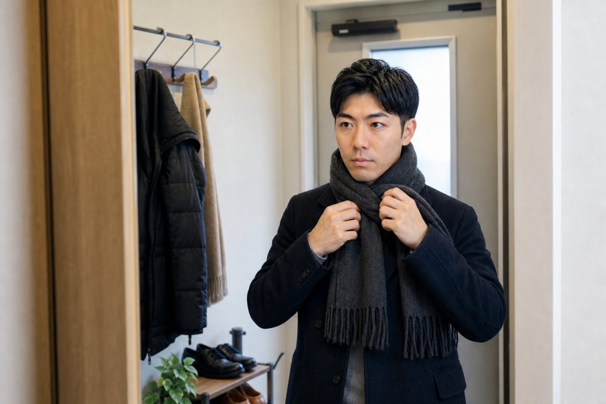 冬の外出にマフラーを巻く男性