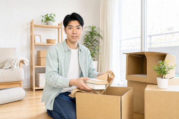 春の新生活で荷解きをする男性