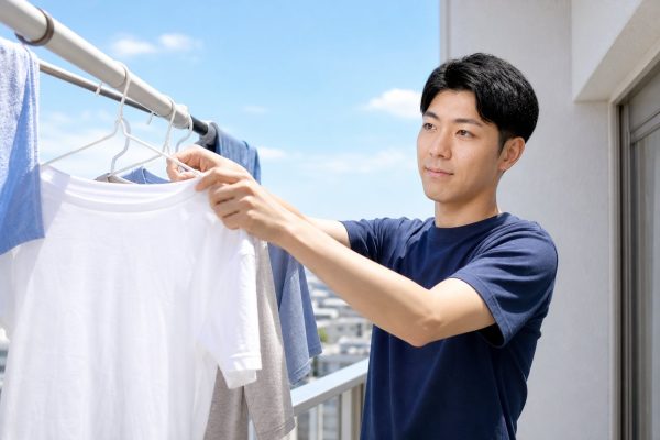 夏のベランダで洗濯物を干す男性