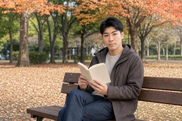 落ち葉の公園で読書する男性