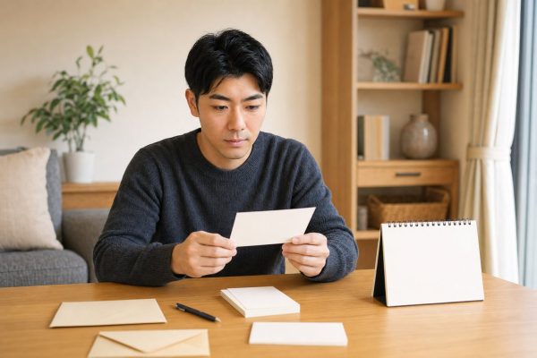年末に年賀状と予定を確認する男性