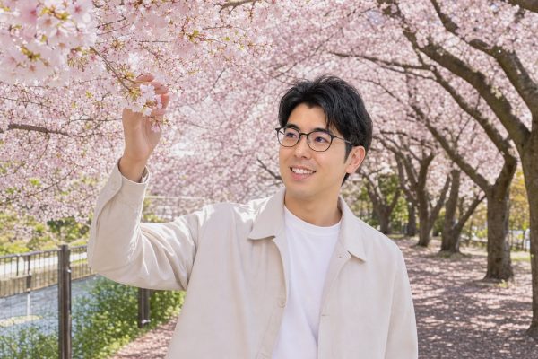 桜を見上げる男性