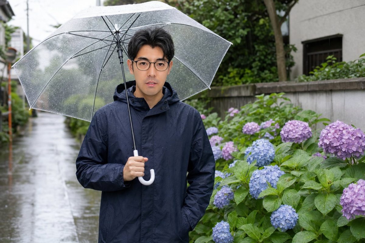 雨の季節に傘を差す男性