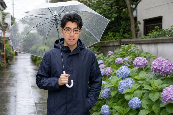 雨の季節に傘を差す男性