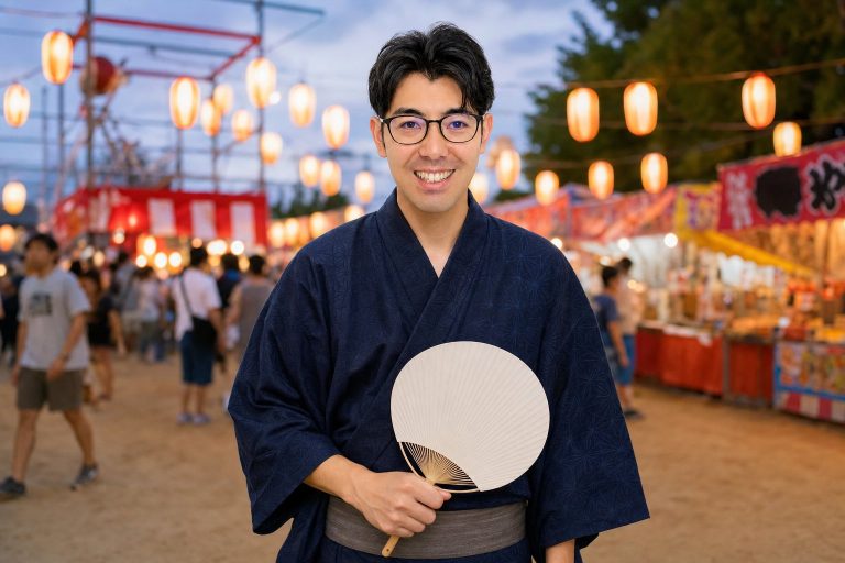 夏祭りの屋台を歩く男性