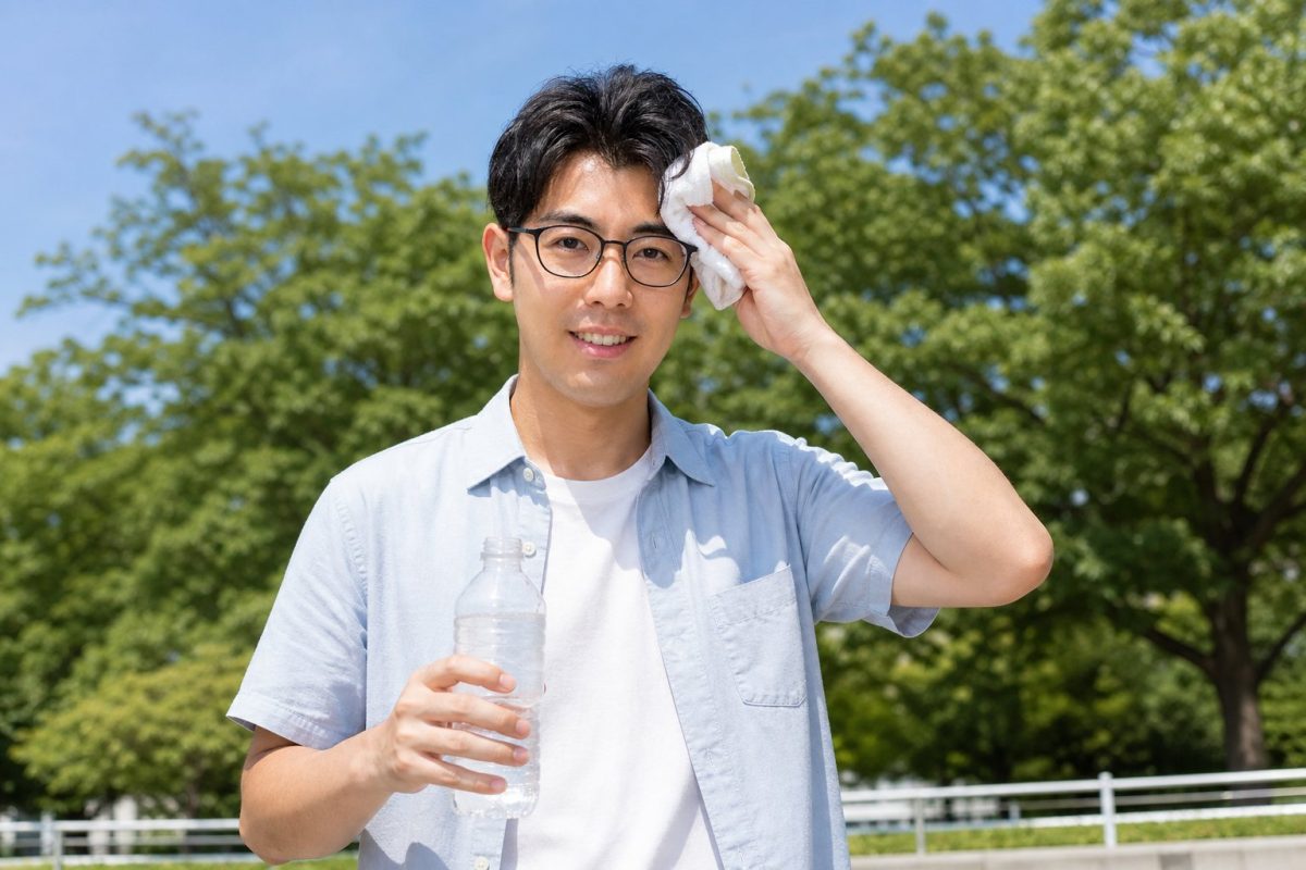 夏の日差しに汗をぬぐう男性