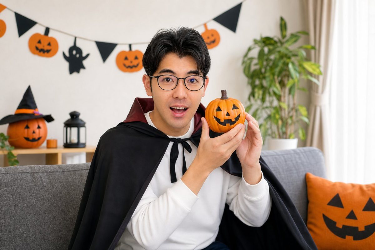 ハロウィンの飾りを楽しむ男性