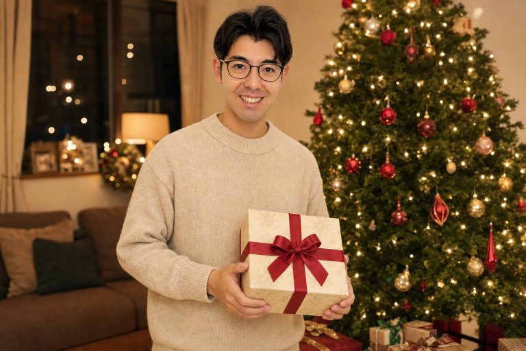クリスマスの贈り物を抱える男性