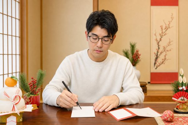 年賀状をしたためる男性