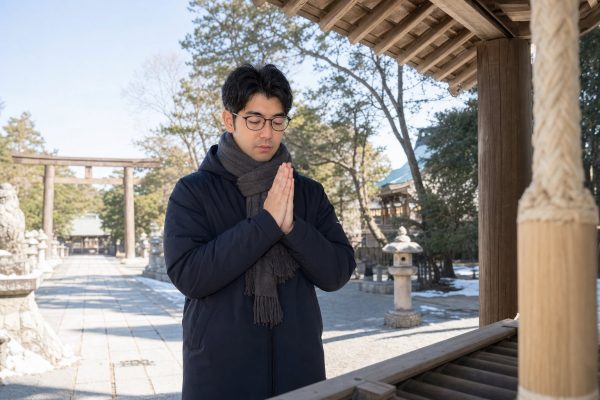 初詣で手を合わせる男性