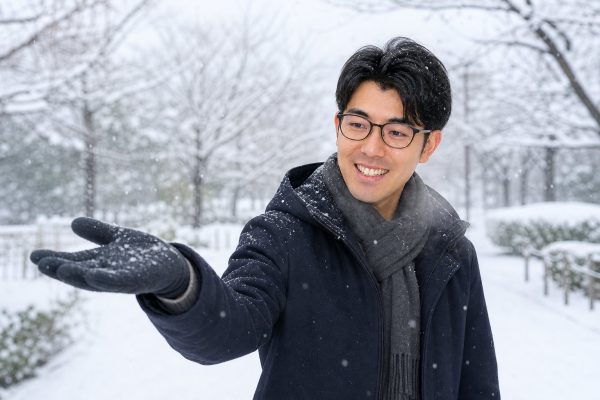 雪の日に出かける男性