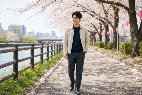 春の桜を楽しむメガネの男性