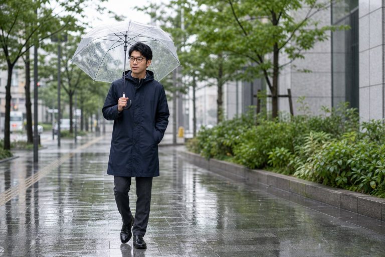 雨の日に傘を差すメガネの男性