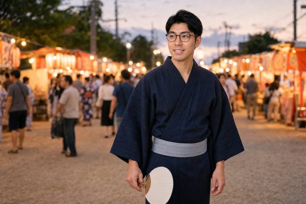 夏祭りを歩くメガネの男性
