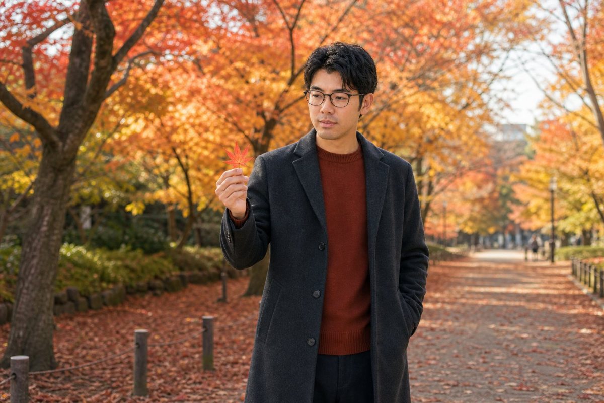 紅葉の道を歩くメガネの男性